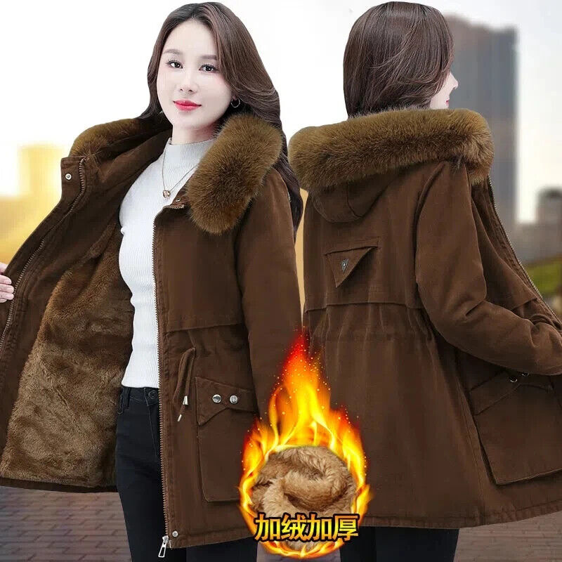 Womens 2023 Winter Padded Coat Plush Fur Collar Thick Down Outerwear