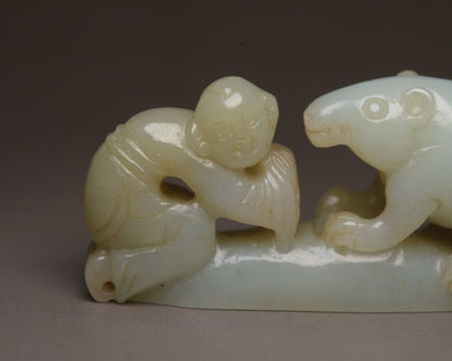 Chinese Natural Hetian Jade Carved Children Bear Statue Exquisite Figurine Art