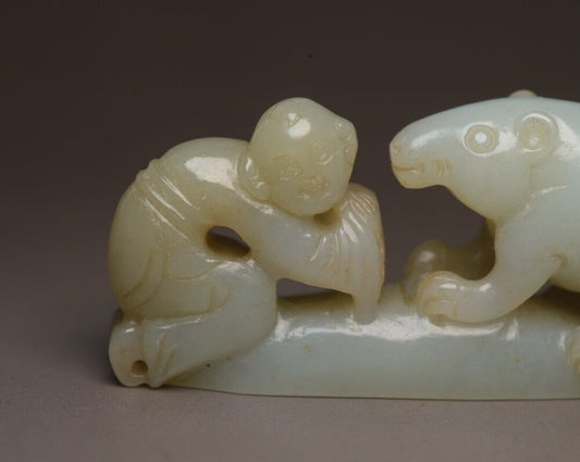 Chinese Natural Hetian Jade Carved Children Bear Statue Exquisite Figurine Art