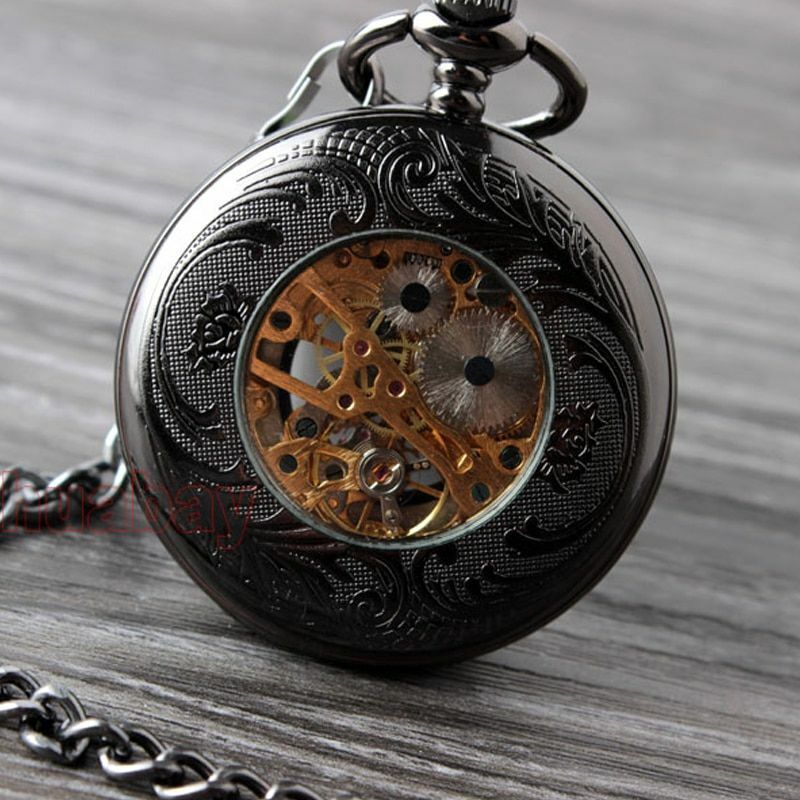 Retro Hand Wind Mechanical Pocket Watch With Fob Chains Men Hollow Skeleton Dial