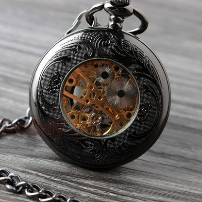 Retro Hand Wind Mechanical Pocket Watch With Fob Chains Men Hollow Skeleton Dial