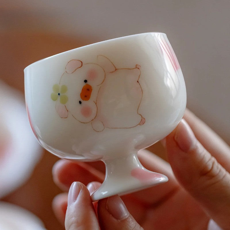 1Pc Chinese Jingdezhen Ceramic Hand Painted Cute Pig Teacup Cup Tea Bowl
