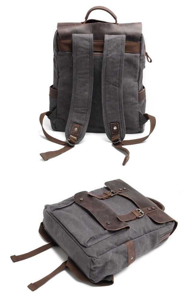 Vintage Real Leather Durable Canvas Backpack Rucksack Satchel 15" Laptop Bag