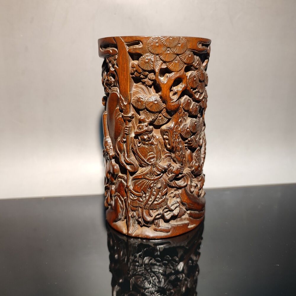 chinese carved brush pot pots pen case statue antique wood carving Warrior story