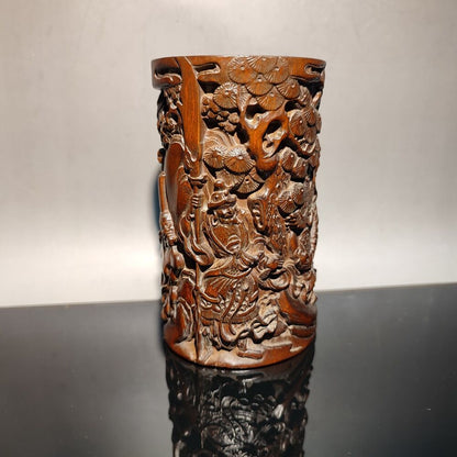 chinese carved brush pot pots pen case statue antique wood carving Warrior story