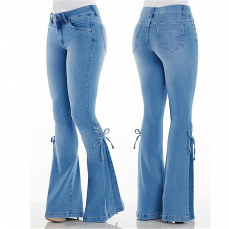 Slim Fit Trousers Womens Bowknot Flared Jeans Bell Bottoms Stretch Denim Pants