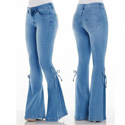 Slim Fit Trousers Womens Bowknot Flared Jeans Bell Bottoms Stretch Denim Pants