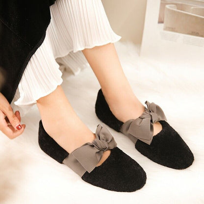 Women Lamb Fur Fluffy Bow Knot Ballerinas Ballet Flat Shoes Casual Comfort Shoes