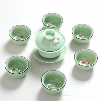 Chinese porcelain tea set fish relief ceramic gaiwan kungfu tea pot pitcher cups