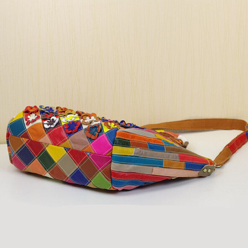 Designer Cow Leather Colorful Floral Patchwork Handbag Women's Tote Shoulder Bag