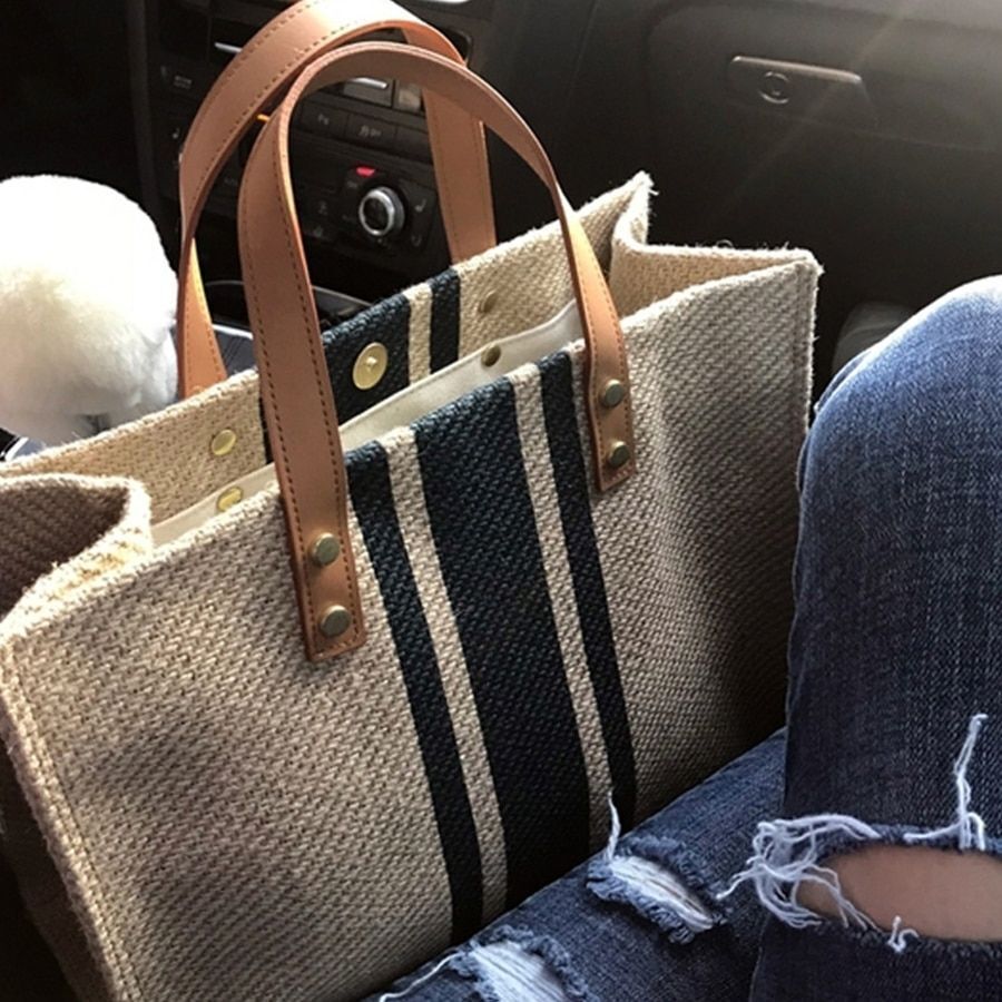 Fashion Large Canvas Handbag Vintage Striped Tote Bag Portable Briefcase Linen