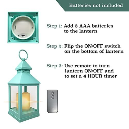 Decorative Teal Lantern - Set of 4 - Lanterns with Flameless Candles &
