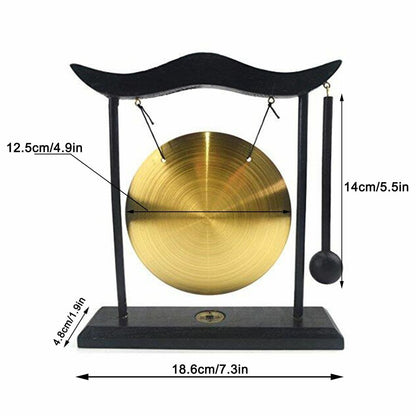 Feng Shui Brass Gongs Desktop Zen Art Fortune Decor Wooden Stands 8x7.5x2 Inch