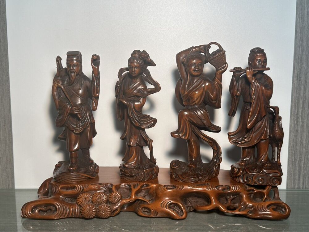 Chinese Wood Carved Boxwood Eight Immortals Statue Sculptures Home Decor Artwork