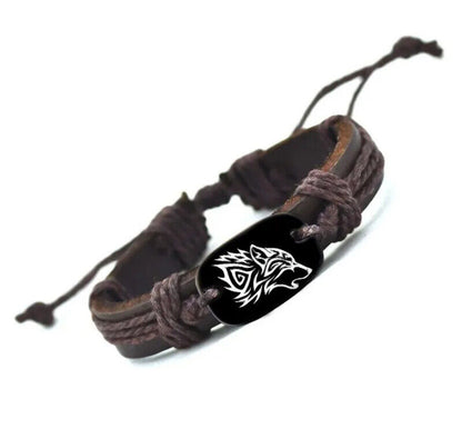 Vintage Fashion Braided Woven Rope Leather Unisex Bracelet Wolf Logo Jewelry