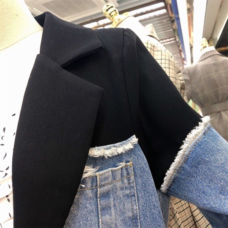 Spring Suit Stitching Denim Coat Single Breasted Color Block Jacket Coats