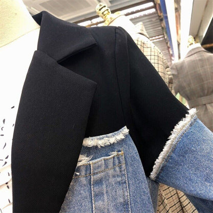 Spring Suit Stitching Denim Coat Single Breasted Color Block Jacket Coats