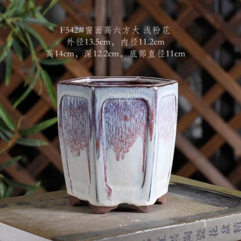 Ceramic Colorful Glazed Round Hexagon Bonsai Pot Tradition Chinese Decoration