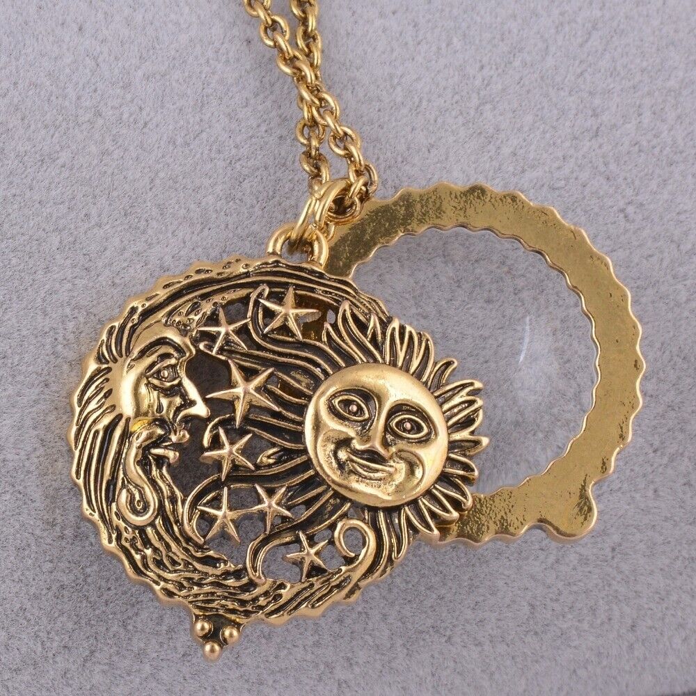 Women Necklace Fashion Jewelry Alloy Gold Sun Moon Star Magnifier Glass Pendant