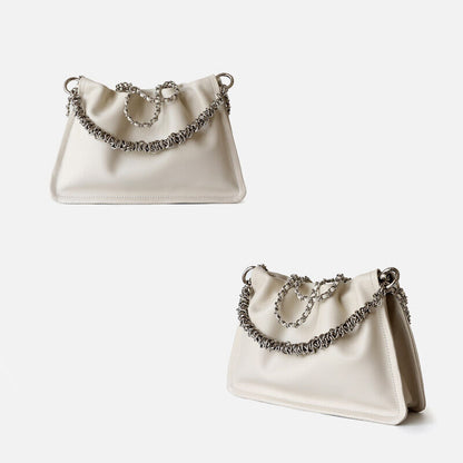 Small Real Leather Ruched Clutch Pouch Purse Tote Shoulder Bag Crossbody Chains