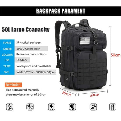 Men's Tactical Backpack 50L Outdoor Bug Rucksack Hiking Camping Hunting Bag