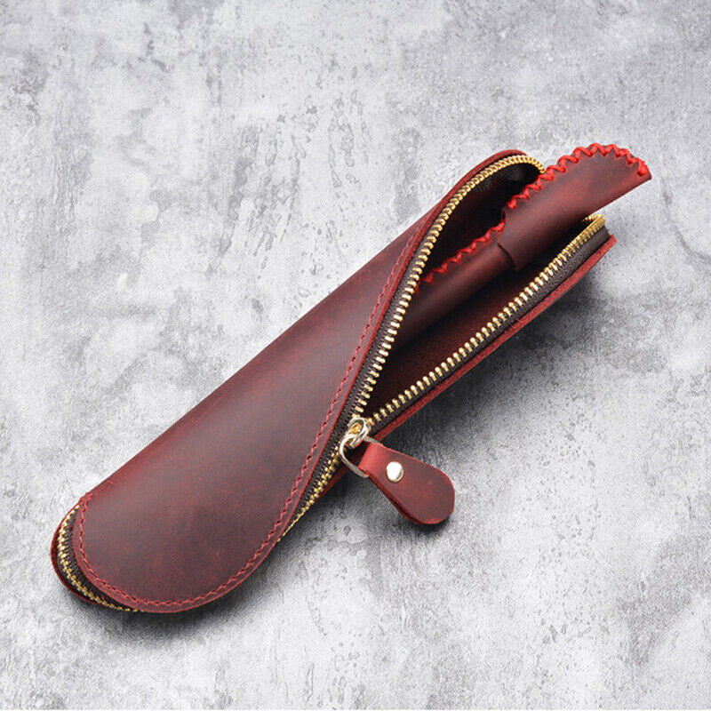 Handmade Cowhide Leather Vintage Zipper Pencil Case S-Shape Pen Bag