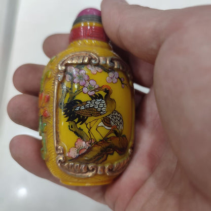 Collector Chinese Peking Glass Snuff Bottle Carved Crane Painted Yellow Gilding