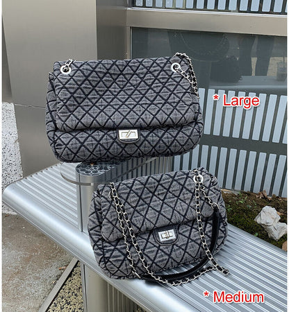 Large Quilted Denim Shoulder Bag Flap Purse Handbag w/ Chains Fashion Hobo Tote