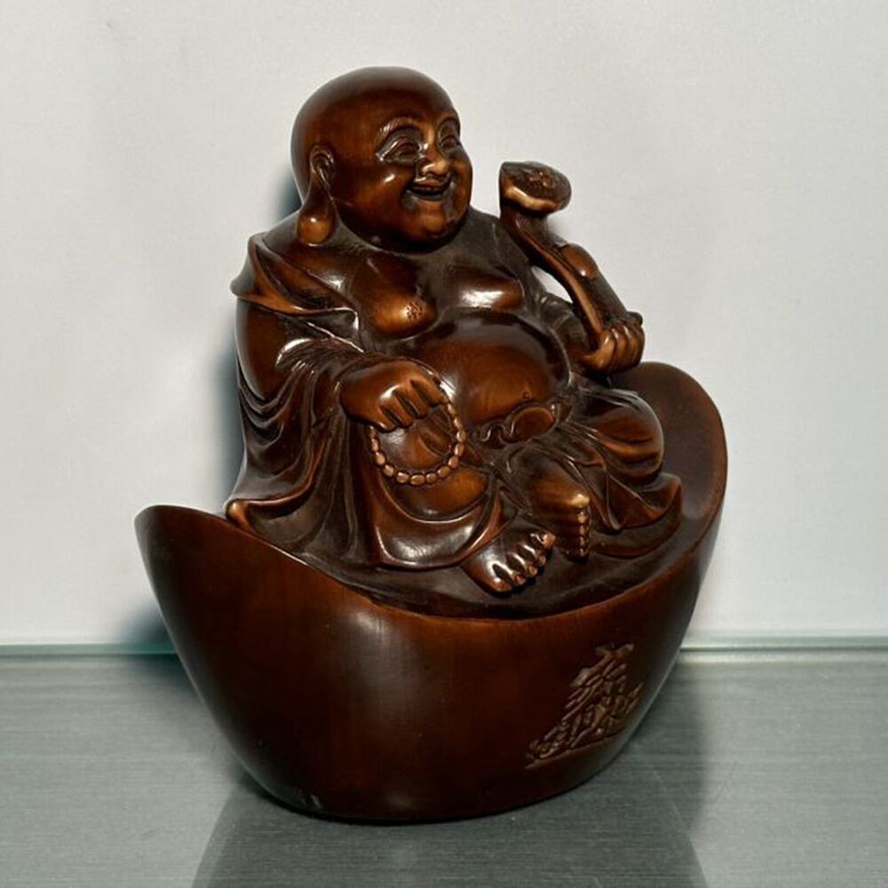 Collection Chine Boxwood Carved Laughing Buddha Statue Sculpture Home Decor Art