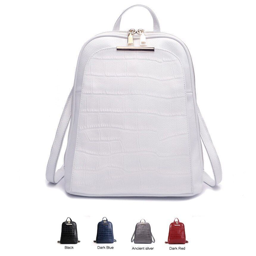 Genuine Cow Leather Everyday White Silver Backpack Book Bags 25x32x11CM Red/Blue
