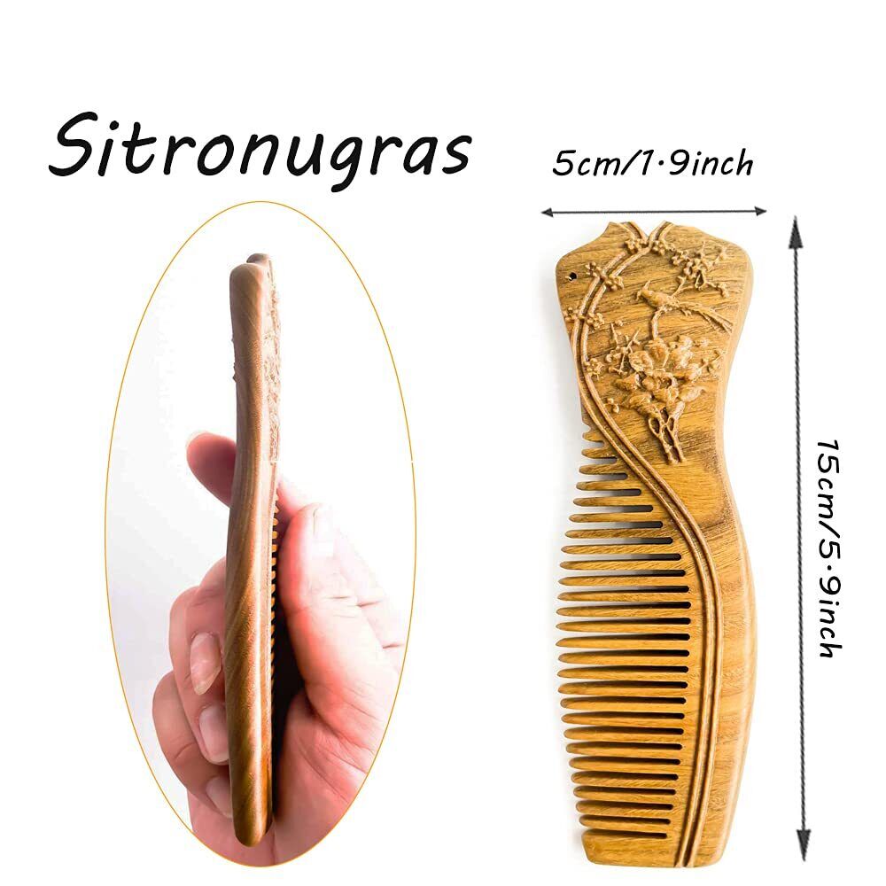 Handmade Carved Green Sandalwood Hair Comb Anti-Static No Snag Gift for Women