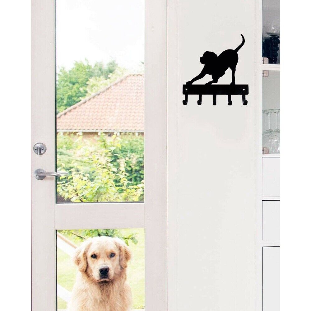 Wall Mounted Hook Up Hanger Playful Pup Key Rack Dog Leash Hanger Metal Art