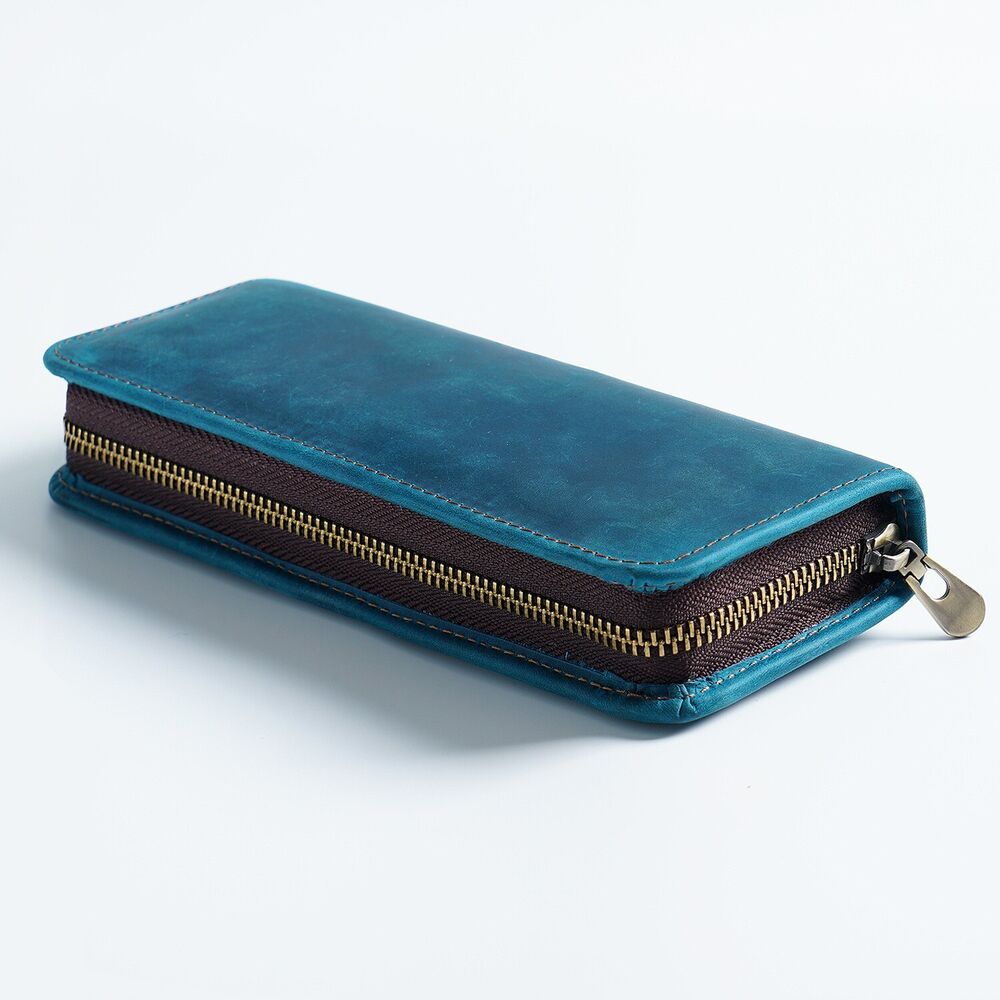Handmade Cowhide Leather Zipper Pen Case, Pencil Case Stationery Storage Bag