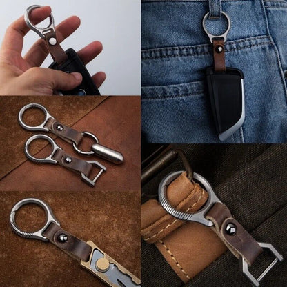 Car Keychain Titanium Alloy Cowhide Strap Pendant Keyring EDC Tool Men Gift Item