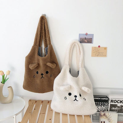 Winter Soft Plush Bag Women Cartoon Embroidery Imitation Lamb Hair Shoulder Bag