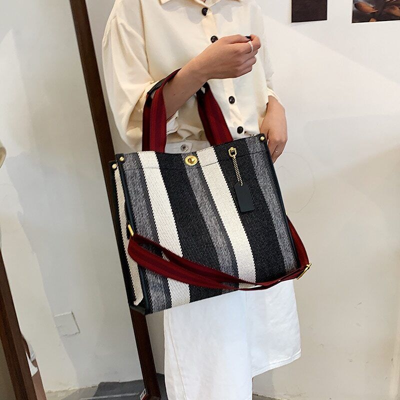 Canvas Tote Bag Women Handbag Stripe Shoulder Bags Big Shopper Totes