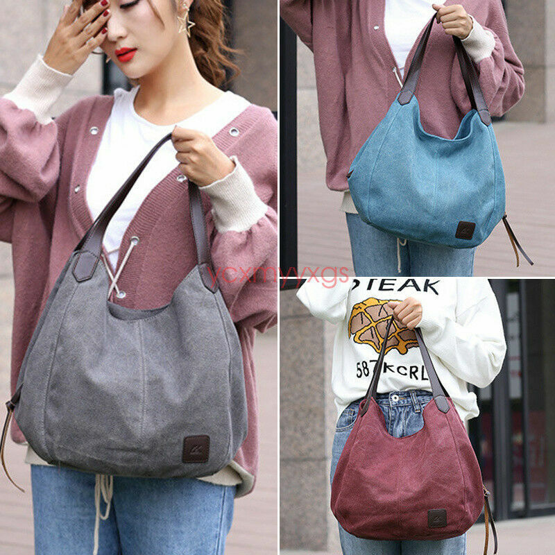 New Women Canvas Tote Bag Casual Handbag Travel Large Zipper Shoulder Purse