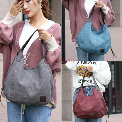 New Women Canvas Tote Bag Casual Handbag Travel Large Zipper Shoulder Purse