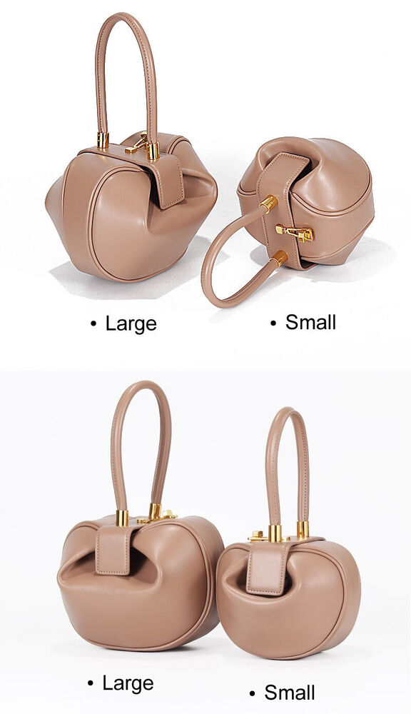 Real Leather Wonton Round Pouch Clutch Purse Top Handle Tote Handbag Grab Bag