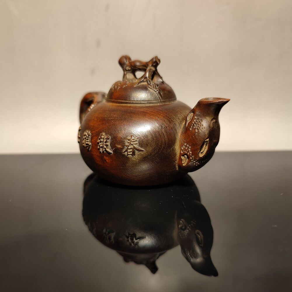 Chinese Antique Boxwood Carved Magpie Teapot Statue hobbies interests mahjong