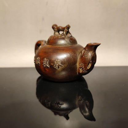 Chinese Antique Boxwood Carved Magpie Teapot Statue hobbies interests mahjong