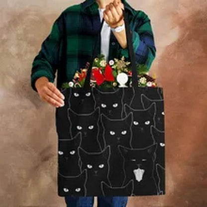 Tote Bags Black Cat Printed Linen Fabric Eco Handbag Shopping Reusable Shoulder