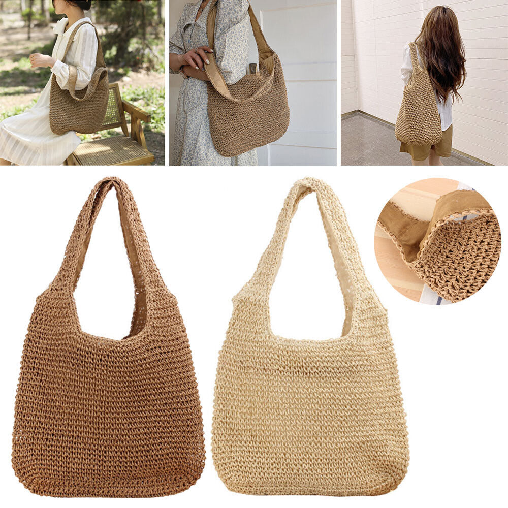 Womens Woven Straw Shoulder Bag Large Summer Beach Bag Handbag Tote with Zipper