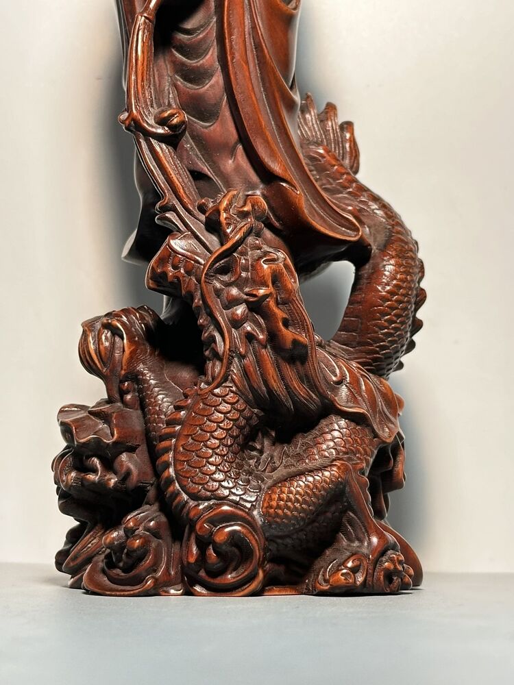 Vintage Chinese Wooden Carving Dragon Kwan Yin Statue Ornaments Wood Sculptures