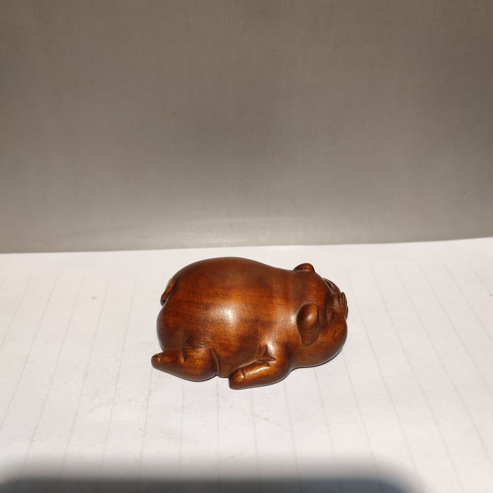 antique wood carving Handmade Statuette figurine small mini wooden Lazy pig gift