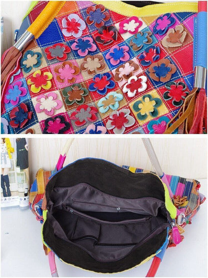 Genuine Leather Cowhide Bag Handmade FlowersShoulder Bag Female Handbag