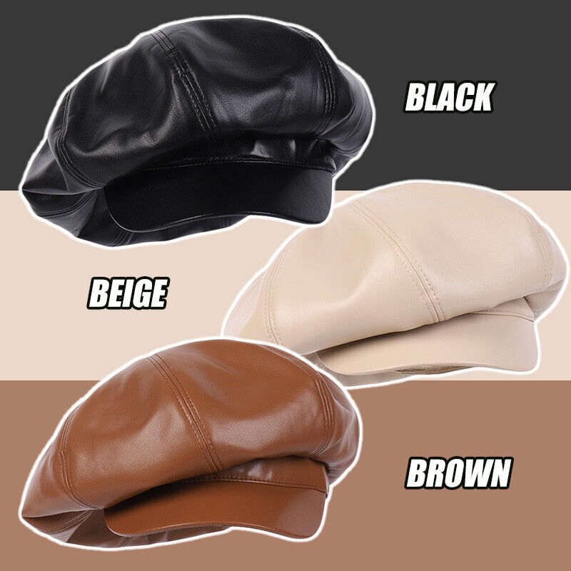 Womem Faux Leather Newsboy Hat Cabbie Cap Beret Flat Large Oversized Baggy Hat