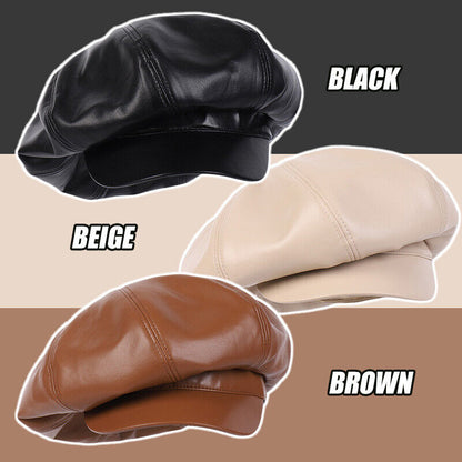 Womem Faux Leather Newsboy Hat Cabbie Cap Beret Flat Large Oversized Baggy Hat