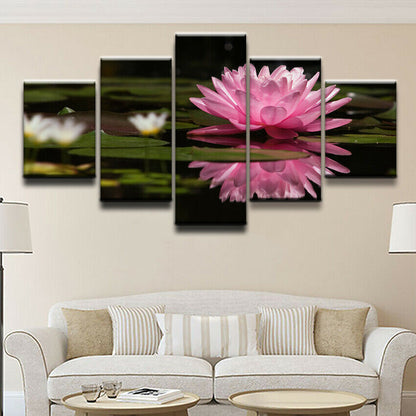 HD Printed Home Decor Wall Art 5 Piece Flower Lily Pink Reflection Water Lily