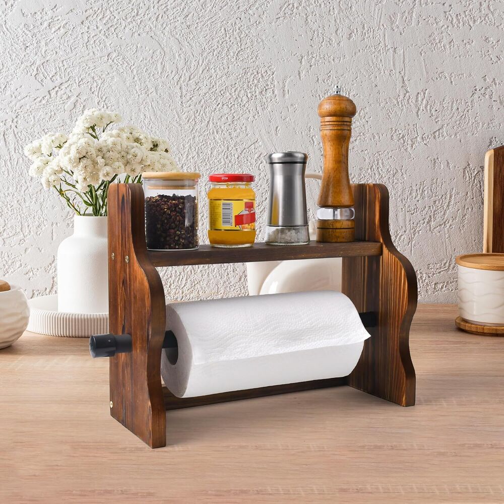 Wooden Paper Towel Holder with Shelf Farmhouse Rustic Wall-Mounted Rack for Home